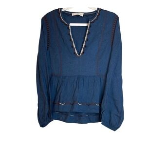 Lucky Brand Womens Blue Geo Jacquard Babydoll Embroidered V-Neck Blouse Top S